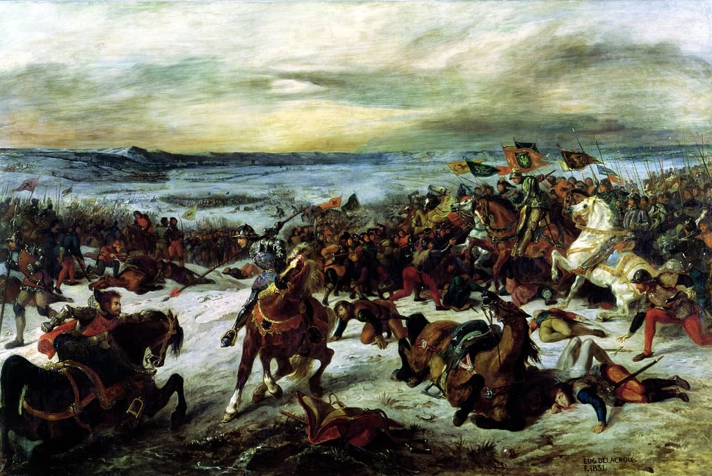 La morte di Charles the Bold (1433 - 77) nella battaglia di Nancy, 5 gennaio 1477, 1831, Musee des Beaux, Arts, Nancy